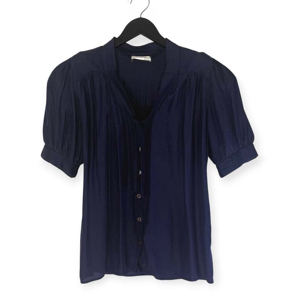A'Gaci Navy Blue Short Sleeve Button-Front Blouse with Pleating